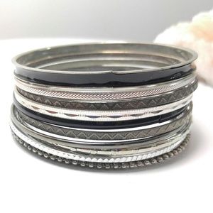 11 Bangles Bracelets Silver Tone Black
